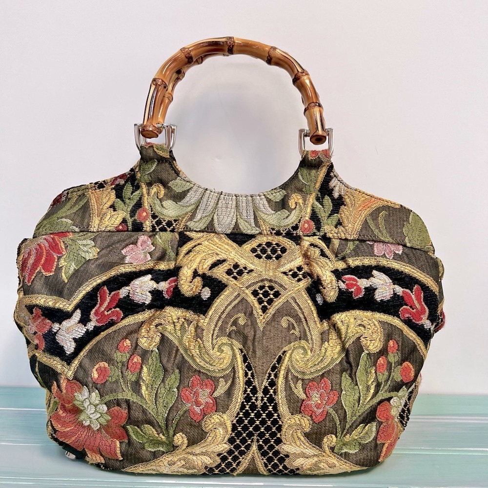 Talbots Tapestry Handbag With Bamboo Handles